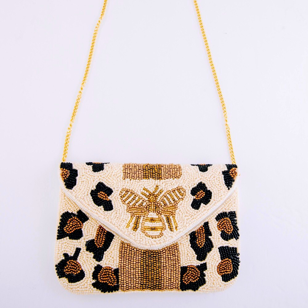 High Quality Beaded Leopard Bee Crossbody Clutch.